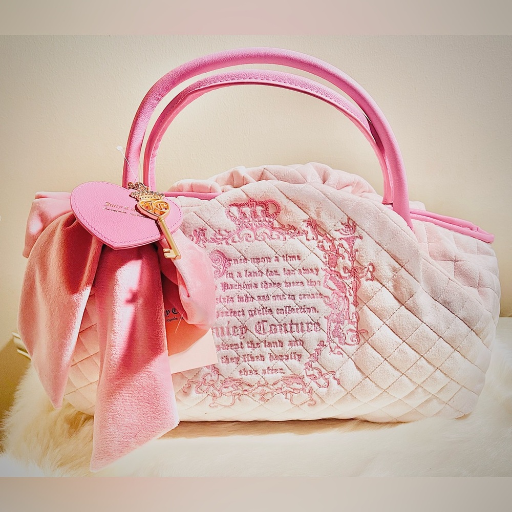 Juicy Couture Light Pink Quilted Tote with Heart and Key Charm with pink Bow